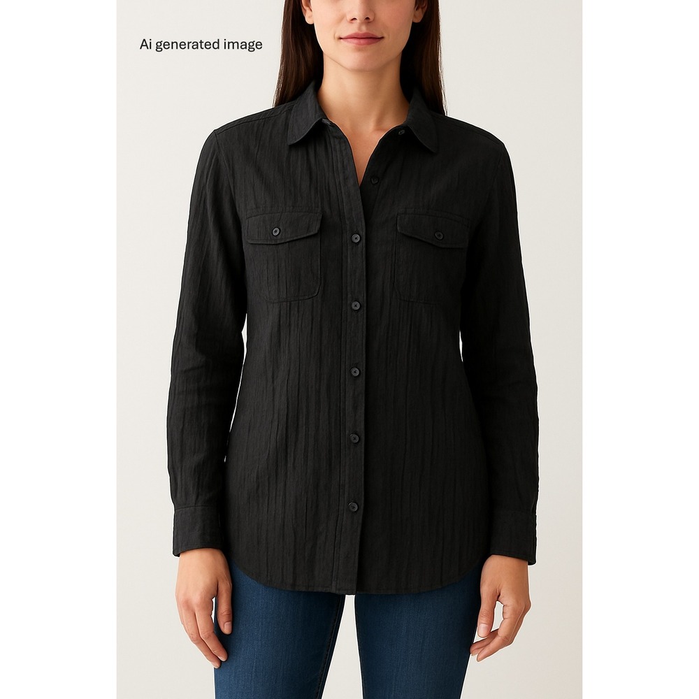 Lauren Ralph Lauren Black Crinkle Cotton Blend Long Sleeve Shirt Women's L NWT - Picture 11 of 12